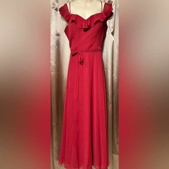 Red Bridesmaid Dress with Off The Shoulder Ruffles - Picture 2 of 5